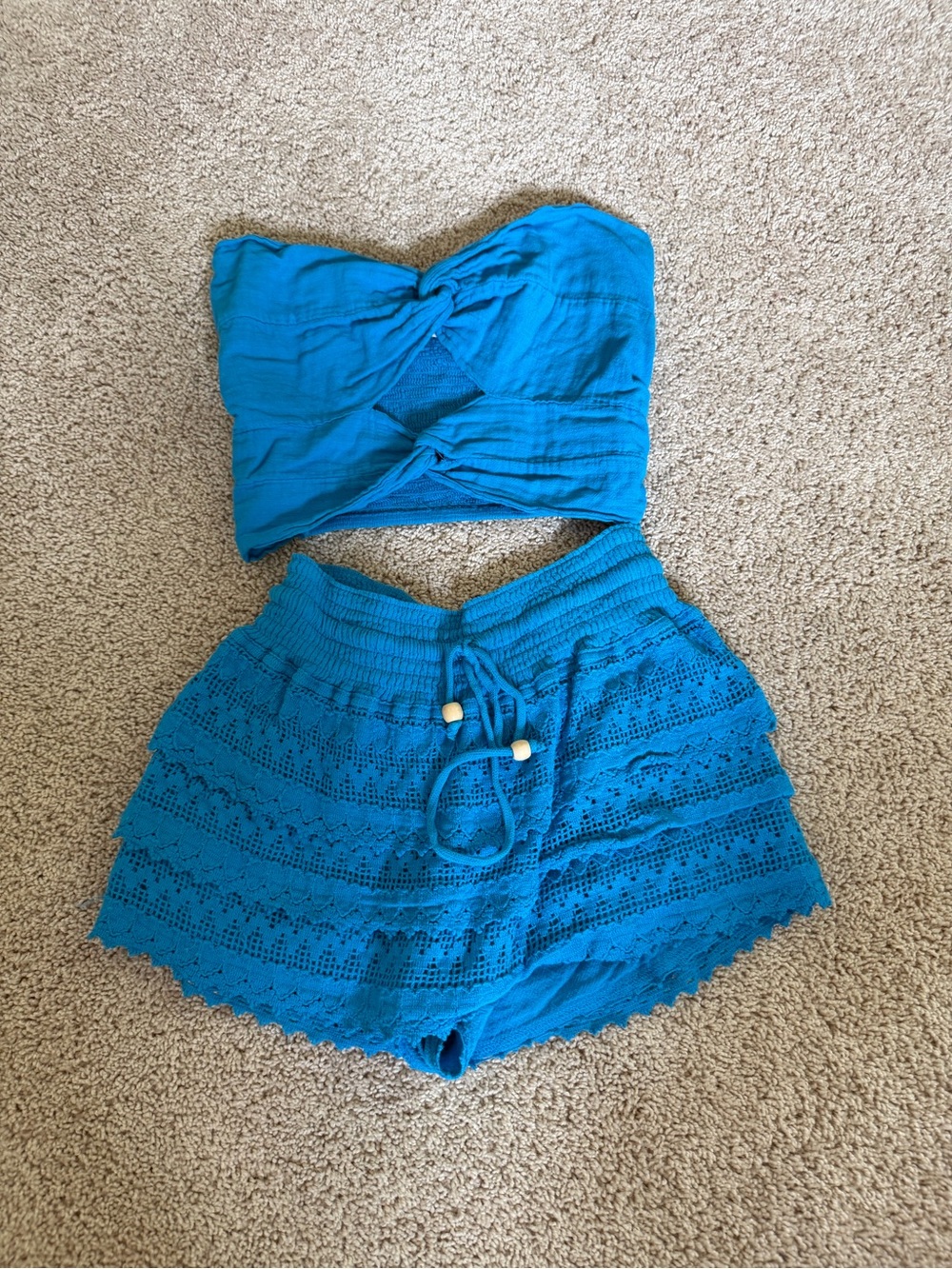 Turquoise Crochet-Detail Strapless Two-Piece Dress Set